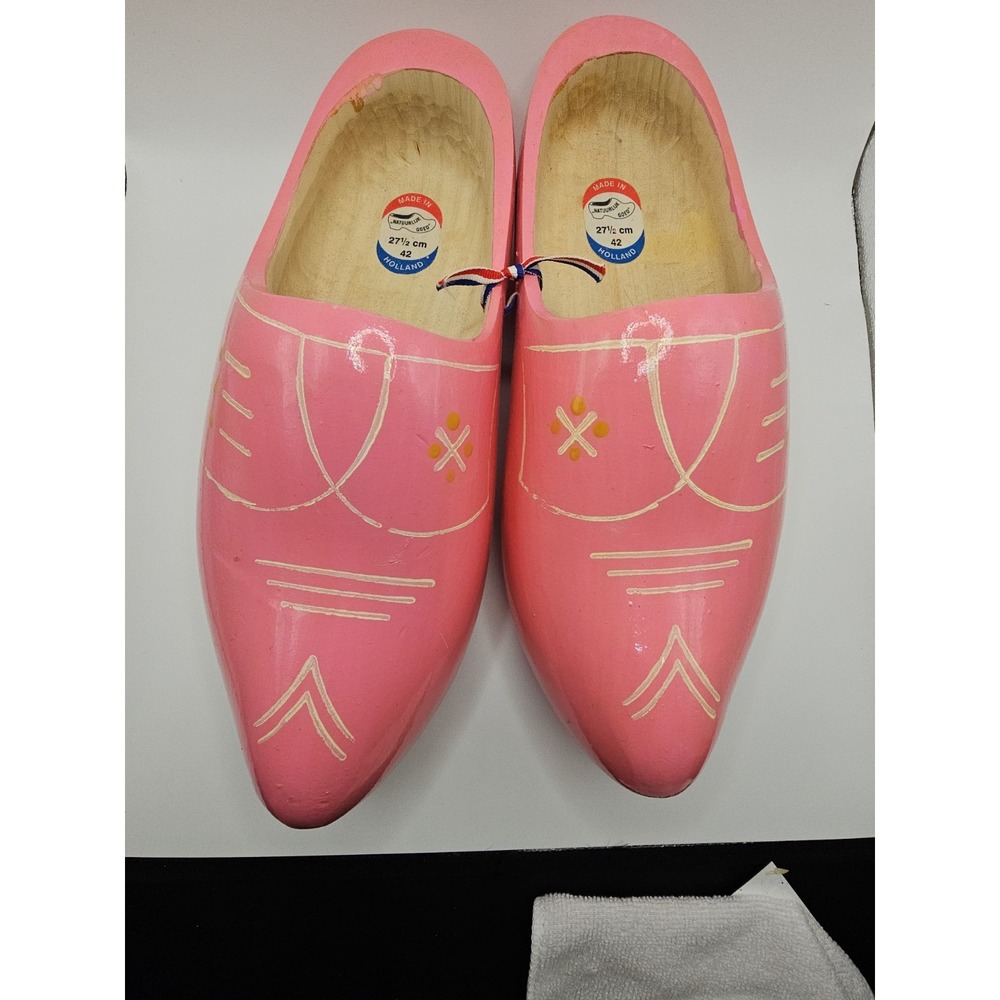 Vintage Dutch Wooden Clogs Pink Hand Painted Shoes Made in Holland Size 42